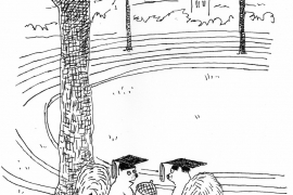 cartoon of two squirrels wearing mortarboards in the amphitheater.